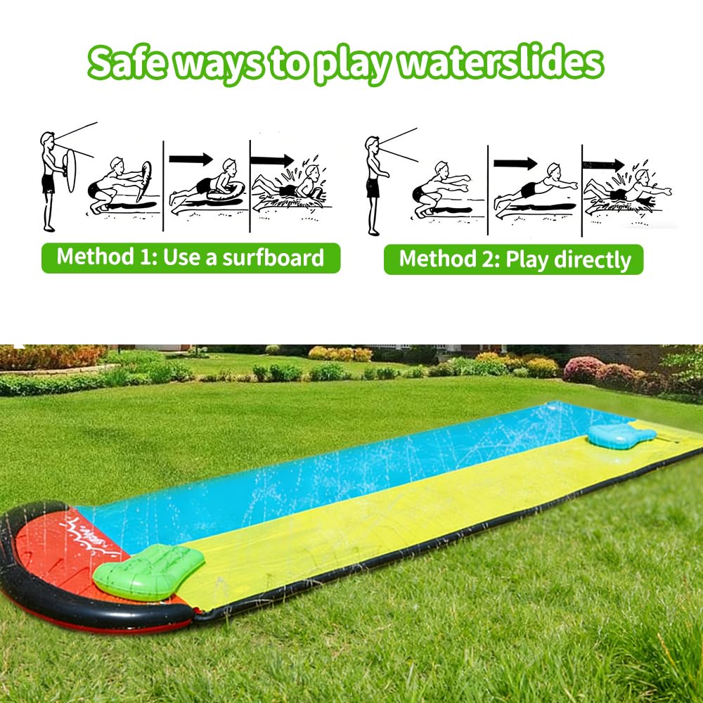Wasserrutsche Garten, 480 cm/15.8ft Doppel Wasserrutschmatte mit Eingebautem Sprinkler, Rutschbahn Outdoor Wasser mit 2 Bodyboards, Rasen Wasserrutschmatte für Sommer Garten Pool Outdoor