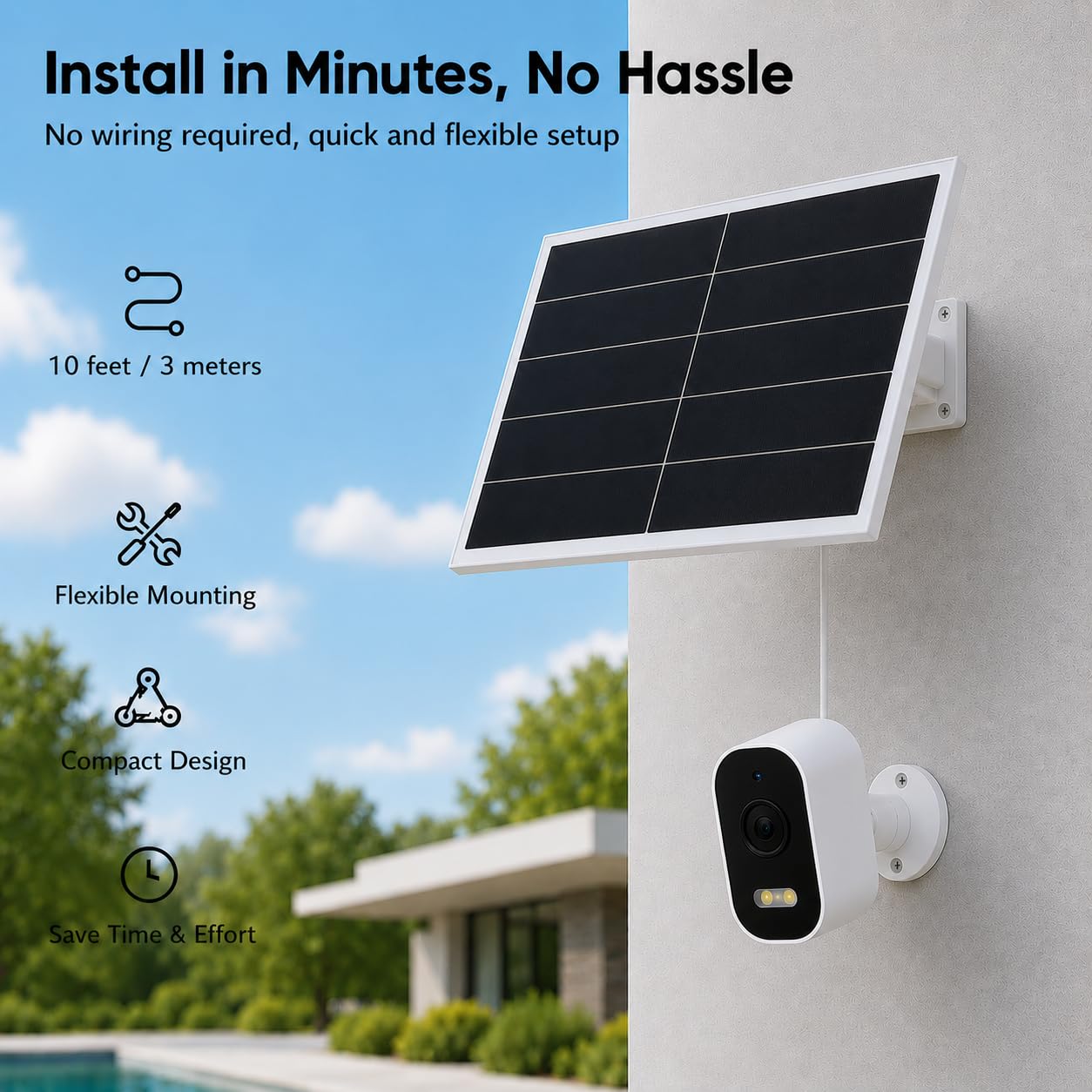 Caricatore a pannello solare da 20 W per telecamere di sicurezza a batteria, alimentazione continua da 5 V con porta USB-C e CC, pannello solare esterno impermeabile con cavo da 3 m
