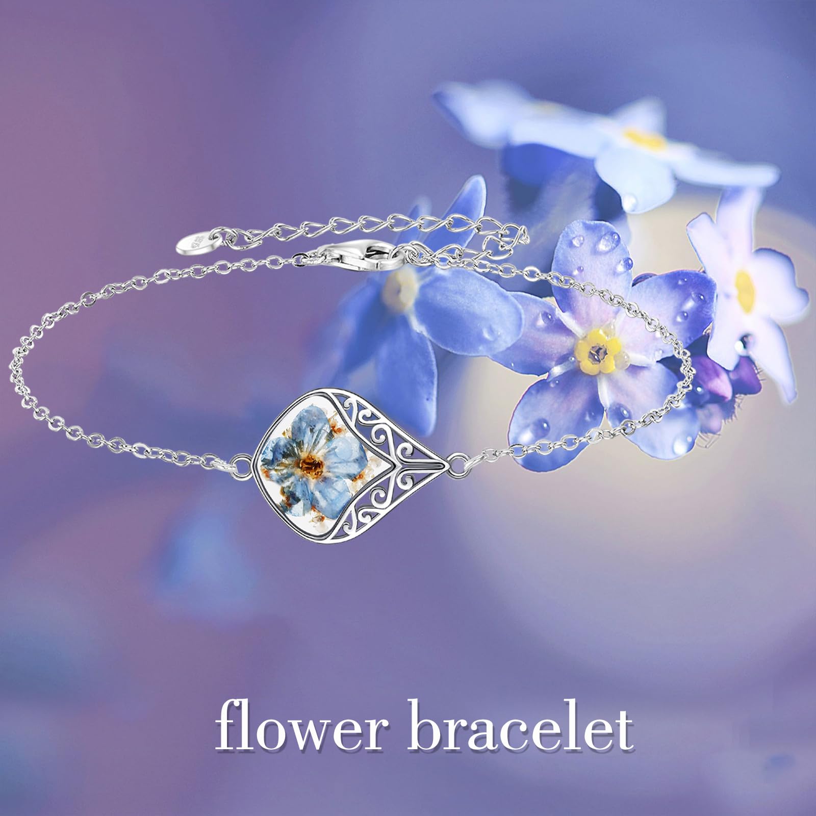 URONE Vergissmeinnicht Armband 925 Sterling Silber Vergissmeinnicht Presse Blume Armband für Frauen Viel Glück Filigran Schmuck für Damen