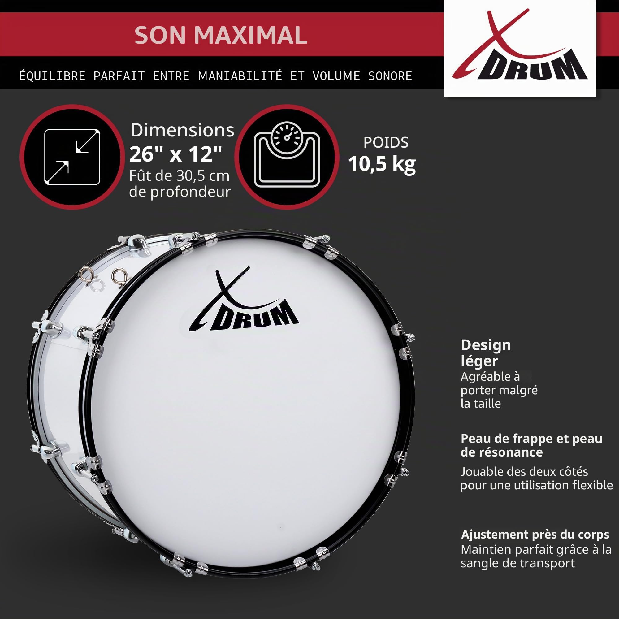 XDrum MBD-226 Grosse caisse de marche 26" x 12" — 10,5 kg, blanche. 4 œillets de fixation, 8 vis de tension par côté. Livrée avec maillets, sangles de transport et clé de tension