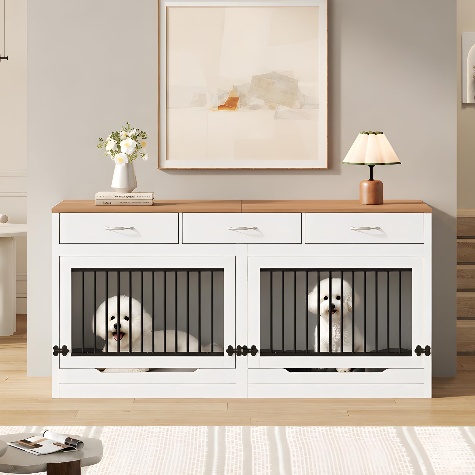 Mrwoo Hundebox Hundekäfig Möbel mit 3 Schubladen, Innen-Hundehütte mit Klappdeckel und Abnehmbare Trennwand Luxus Hundevilla, als Beistelltisch für Wohnzimmer, Holz & Metall, Natural+White, 164×60×81