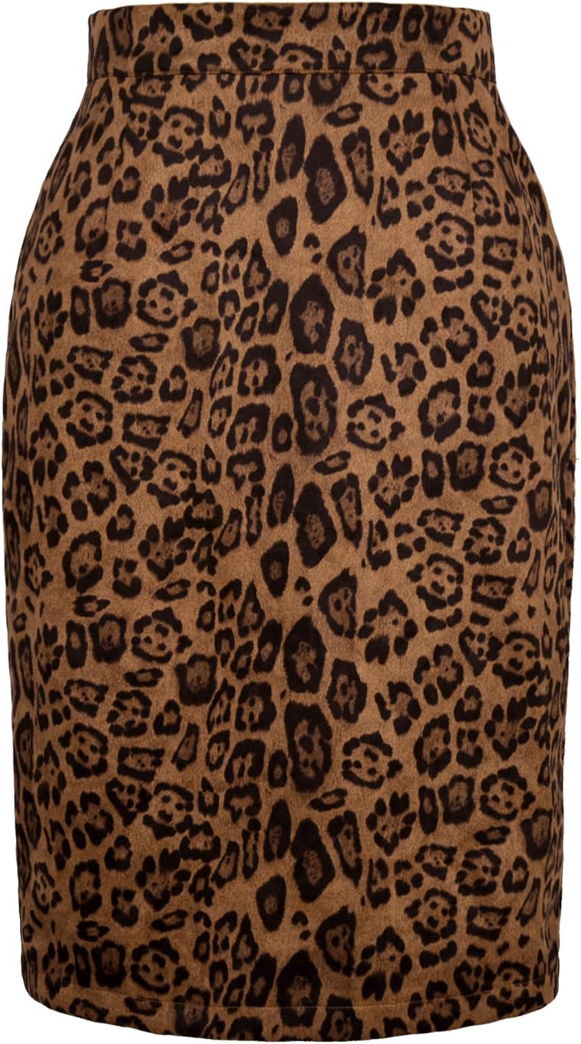 Ezcosplay Women Faux Suede Leopard Pencil Skirt Knee Length High Waisted Cheetah Print Bodycon Midi Skirts - Image 5
