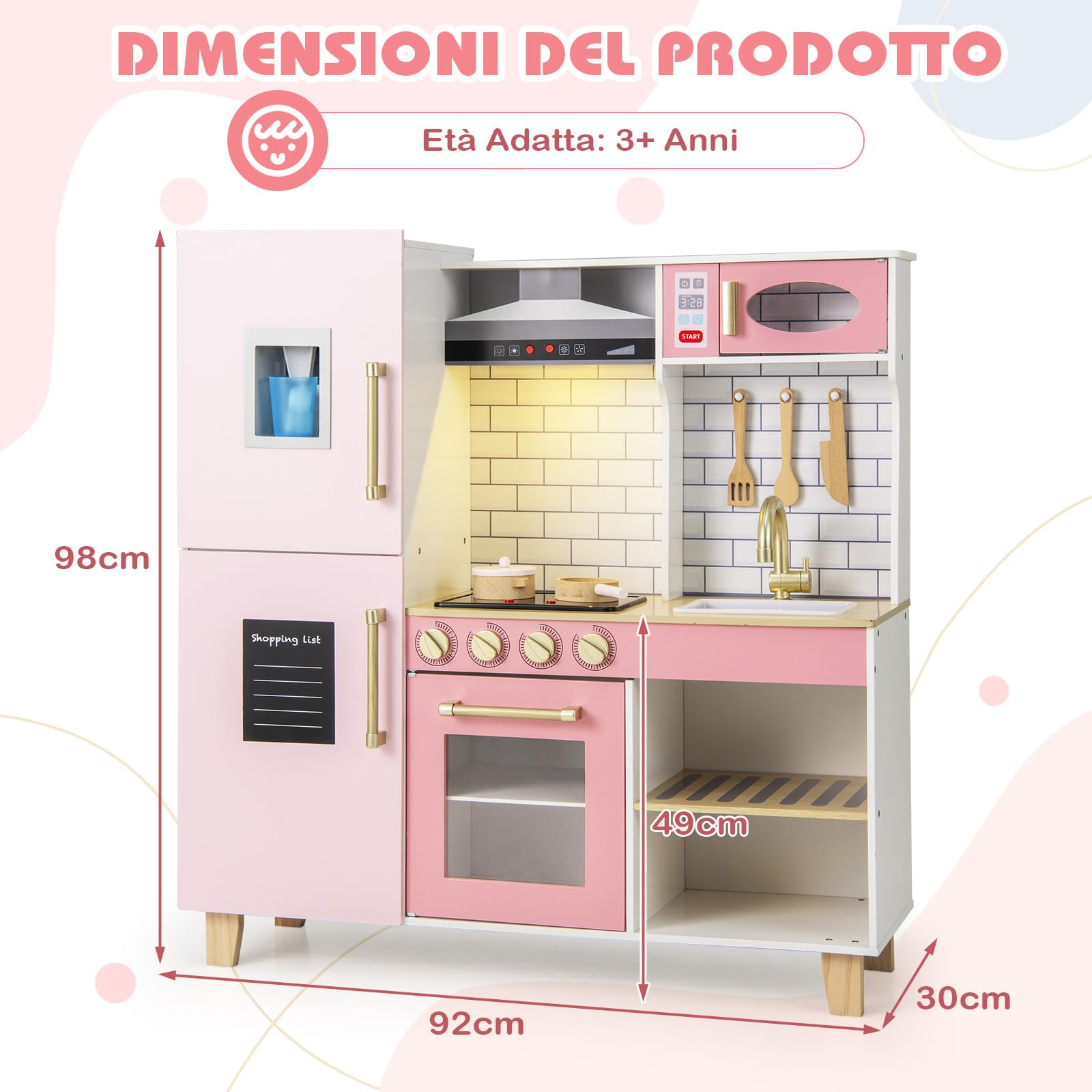 RELAX4LIFE Cucina Giocattolo per Bambini, Mini Cucina in Legno con Luci e Suoni Reali, Utensili da Cucina, Set Giocattoli per Bambini 3+ Anni, 30 x 92 x 98 cm (Rosa)