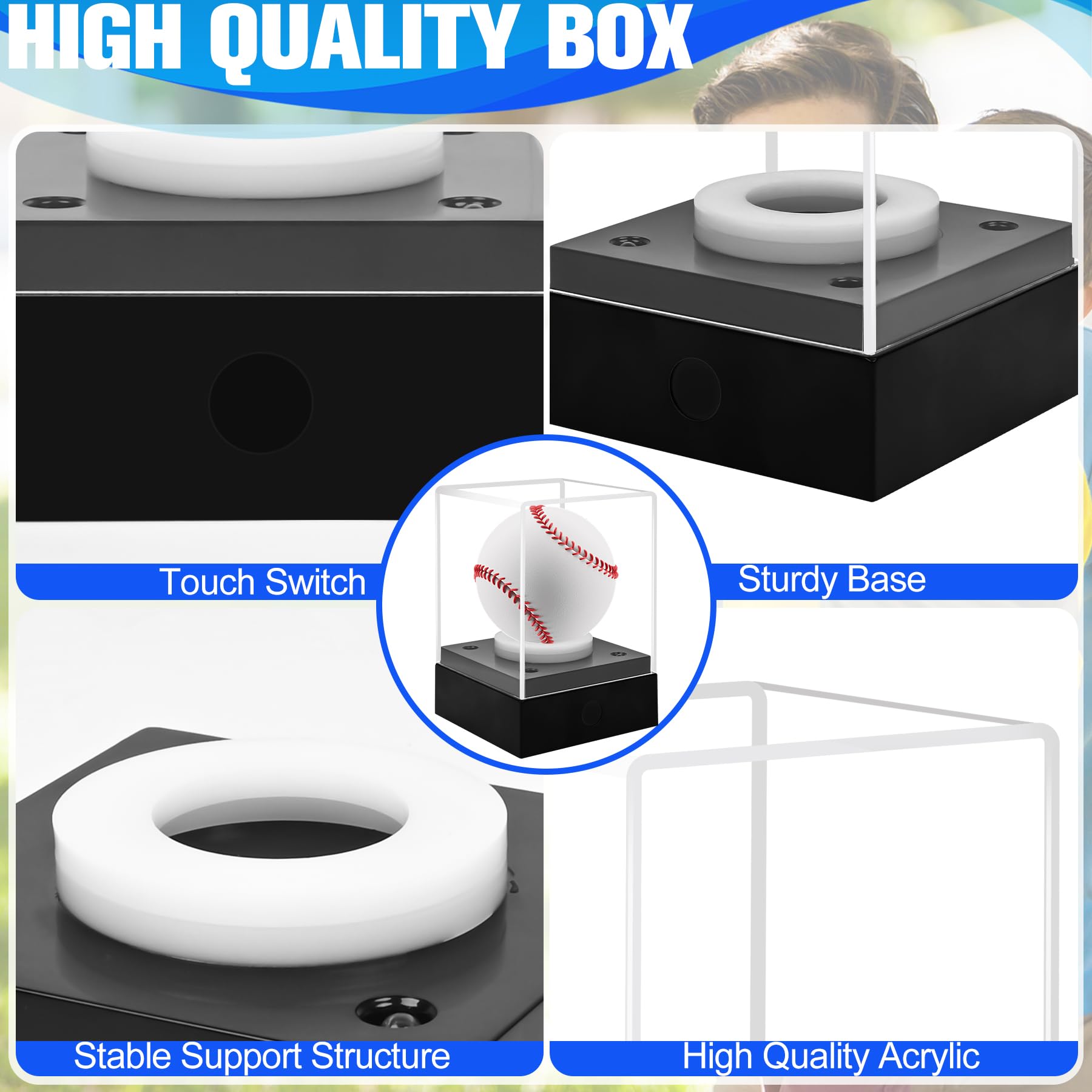 Tottist Baseball Display Case with LED Light & UV Protection – High Transparency Acrylic Cube Holder for Balls, Pool Balls, Tennis Balls, Golf Balls,Cards, Memorabilia Gifts