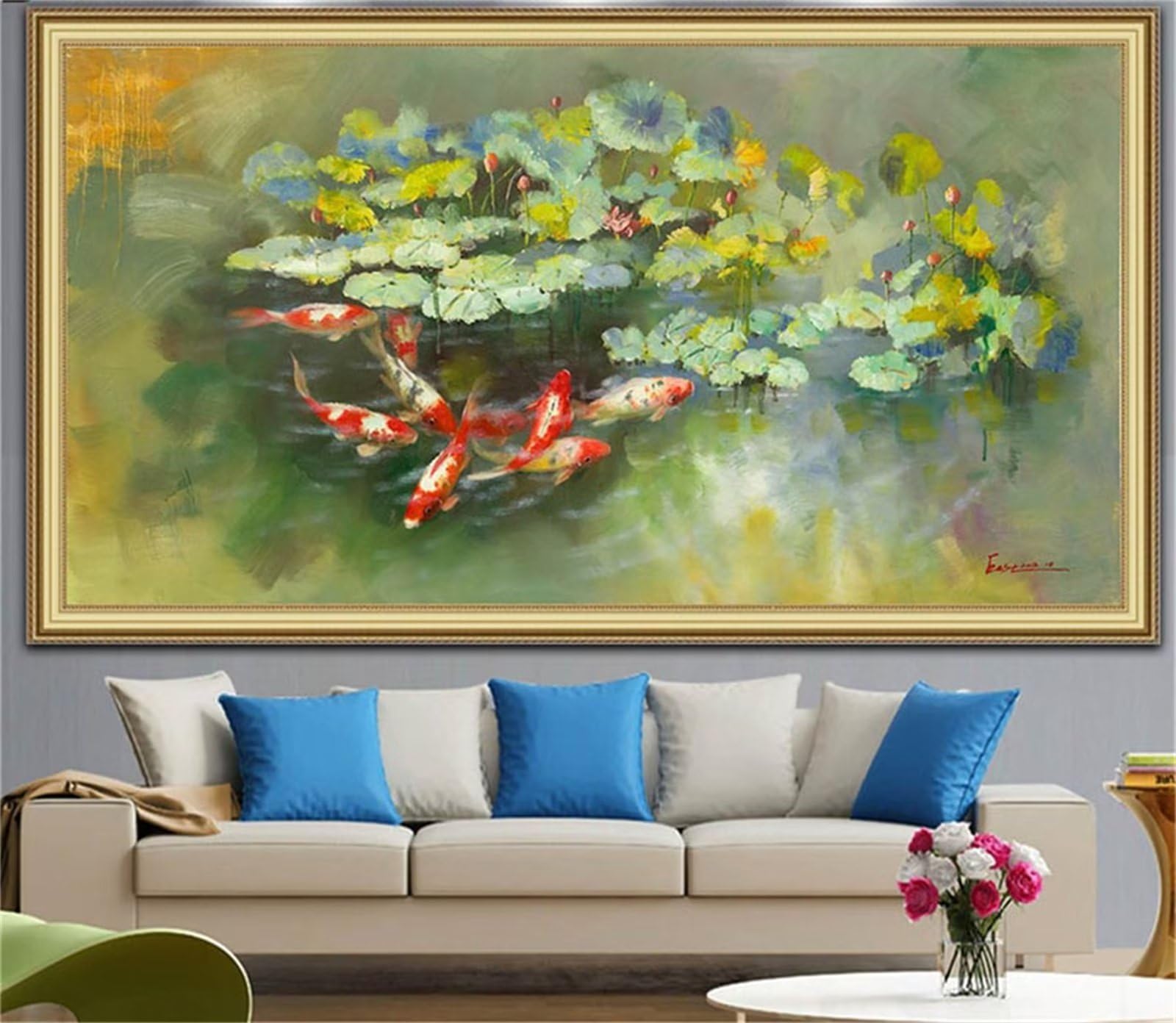 5D Diamond Painting Kit Completo Adulti,Perline Fai Da Te Set Diamond Painting Cristal Ricamo Principianti per Soggiorno Camera da Letto Decorazione Casa Stagno Lotus Koi,100x200cm-s572