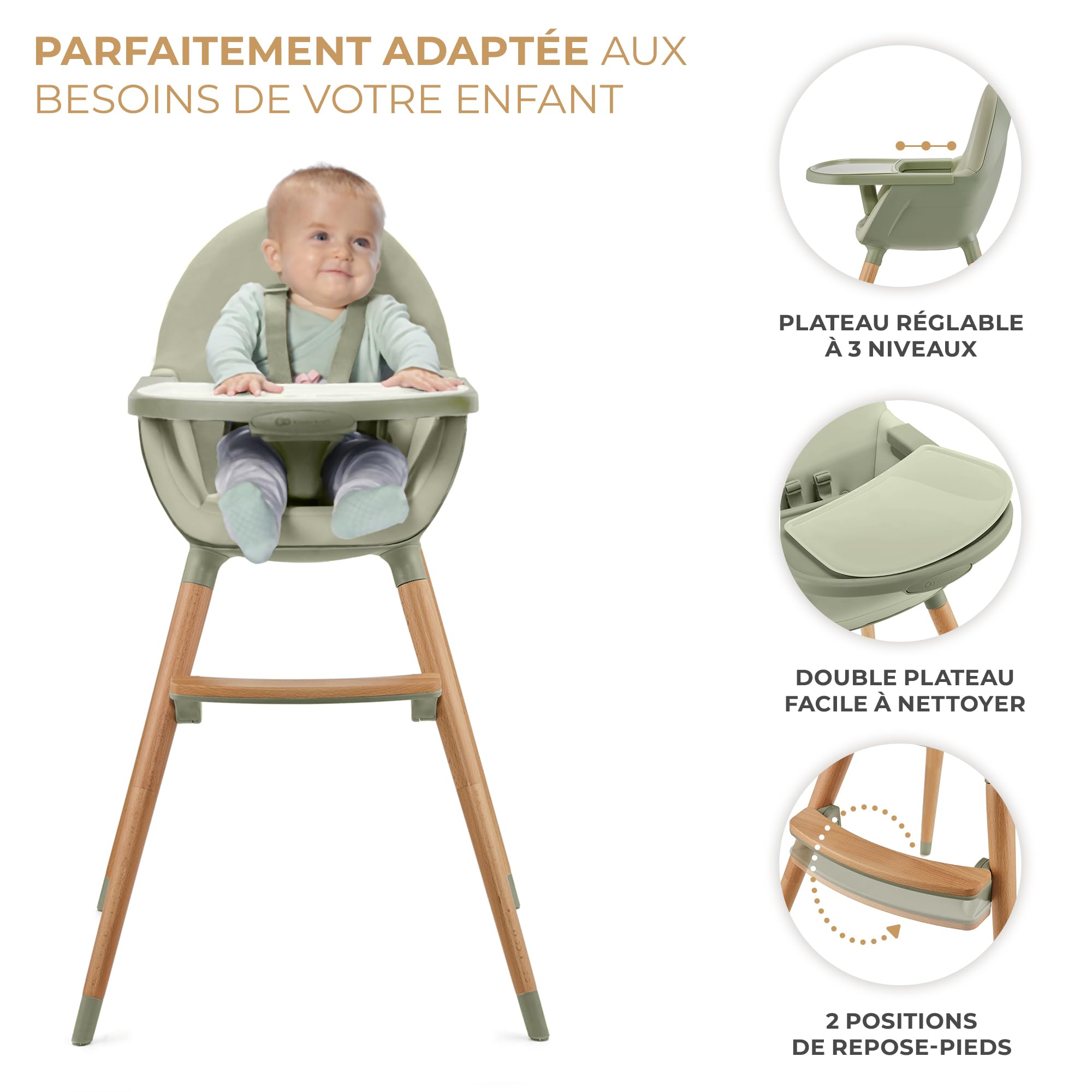 Kinderkraft FINI 2 Chaise Haute Bébé, 2 en 1, Fauteuil Enfant, Chaise Enfant, Puericulture Bébé, Évolutive, Réglable, Avec Plateau, Solide, Design Universel, Facilement lavable, 20kg, Vert