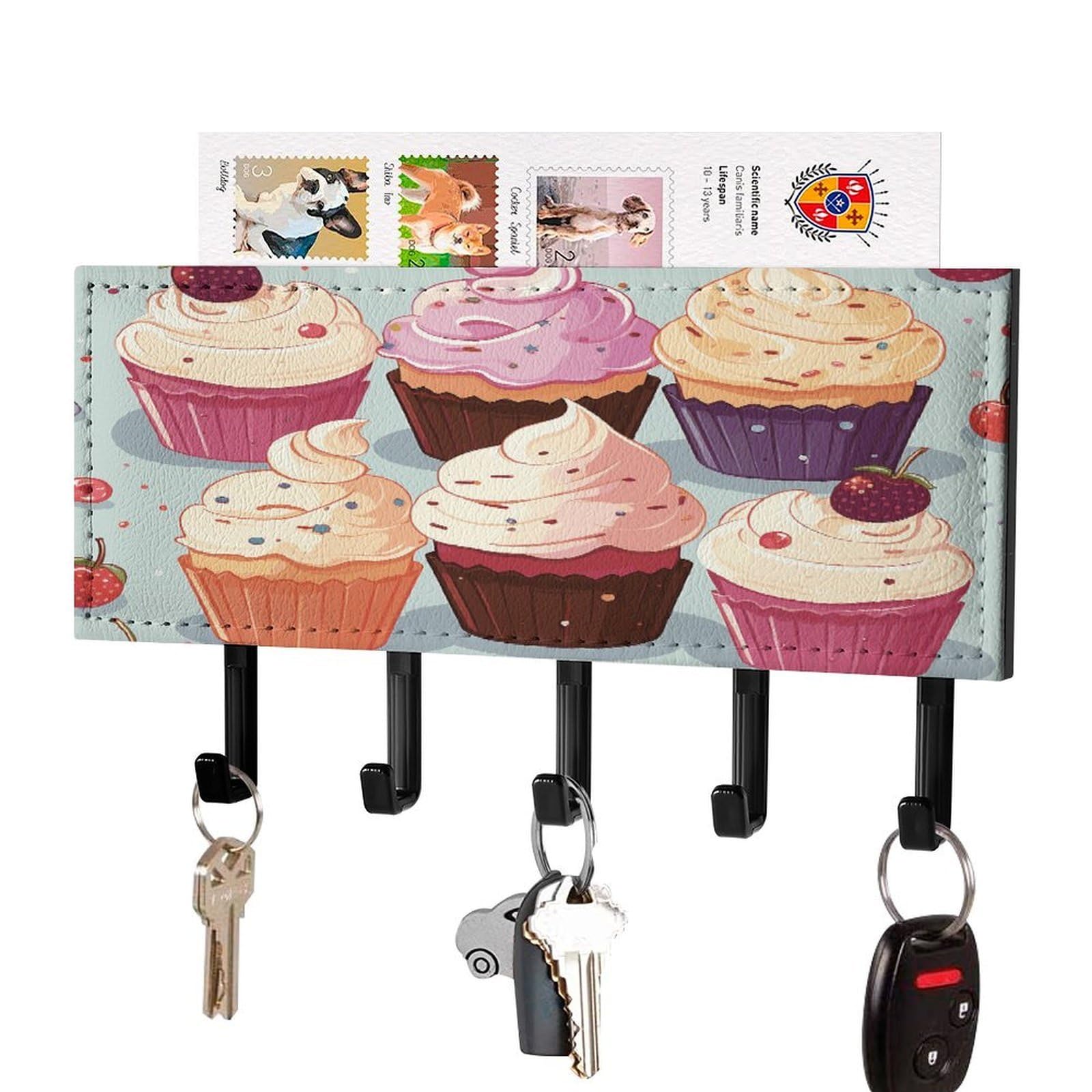 FekiLoot Delicious Cupcakes Key Holder for Wall Decorative Mail Organizer with 5 Key Hook Self Adhesive Key Rack with Tray Coat Rack Wall Mount Key Hanger Decor for Entryway Door