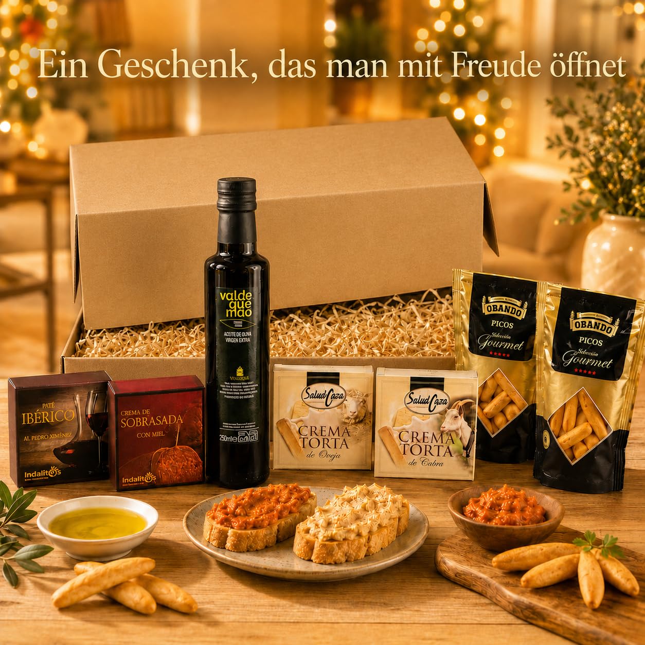 Geschenkkorb gefüllt für Frauen mit spanischem Olivenöl 250 ml, Iberische Pastete, Sobrasada, Käse-Aufstriche & Picos – Geschenkidee Muttertag, Geburtstag, Dankeschön (7 Stück)