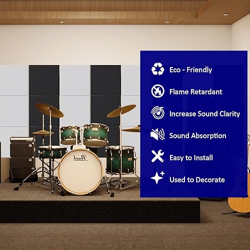 Miniatura 5 de Paquete de 12 paneles acústicos blancos autoadhesivos, paneles de espuma a prueba de sonido de 12 x 12 x 0.4 pulgadas, paneles de pared