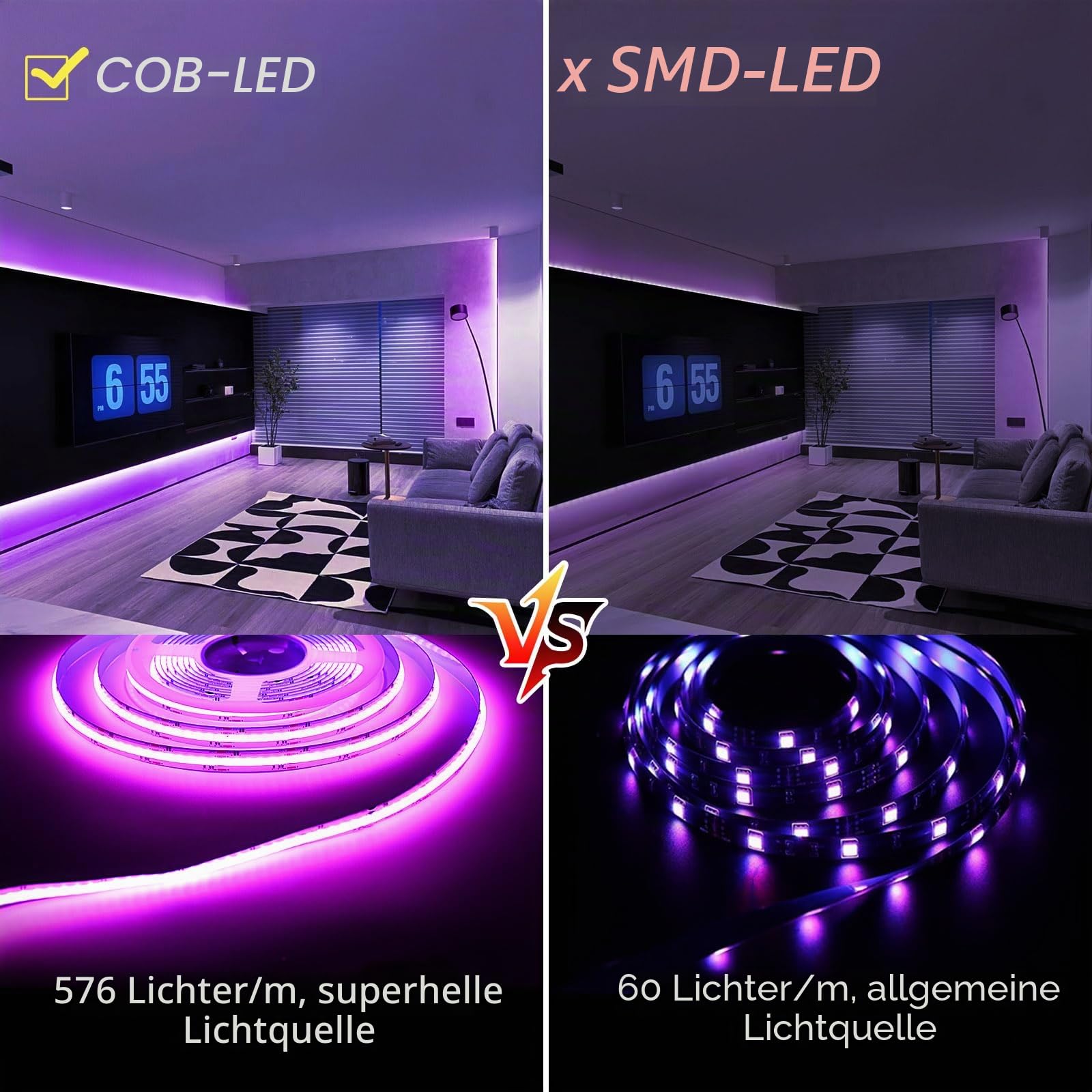 RGB Cob Led Strip 10m, Wlan Cob RGB LED Streifen Alexa mit Fernbedienung, 576 Leds/M, led Lichtband LED Selbstklebend Lichtleiste 24V Kompatibel mit Alexa Google Home