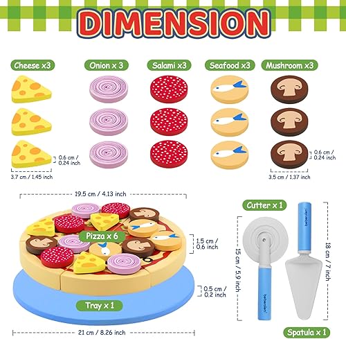 Miniatura 5 de Juguetes de pizza de madera para niños, 24 piezas de juguete de corte, juego de comida de juguete, accesorios de cocina, juguetes de cocina de