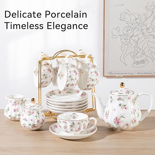 Miniatura 10 de Juegos de té de porcelana de la serie British Royal, tazas y platillo de 8 onzas para 6, con tetera, azucarero, jarra de crema, cucharaditas y