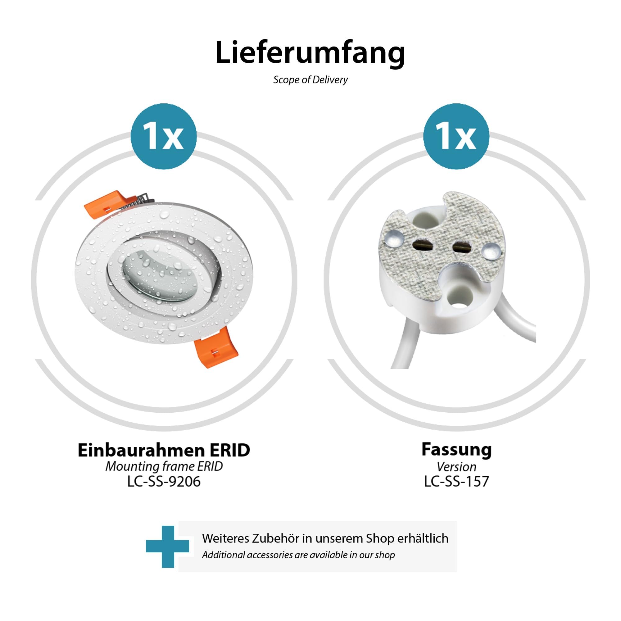 ledscom.de 6 szt. ram do montażu wpuszczanego w suficie łazienkowym ERID, do pomieszczeń wilgotnych, łazienka, IP44, okrągłe, obrotowe, białe matowe, wraz z oprawą GU5.3