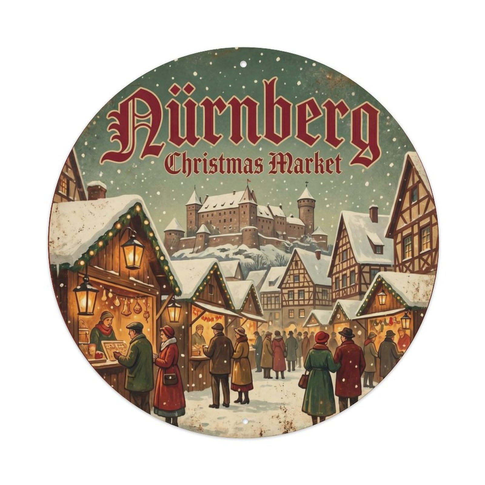 Vintage Travel Nuremberg Germany Christmas Metal Tin Sign Plaque Wall Decor for Cafe, Club Bar, Office, Home Garden Round Metal Poster 8x8Inch