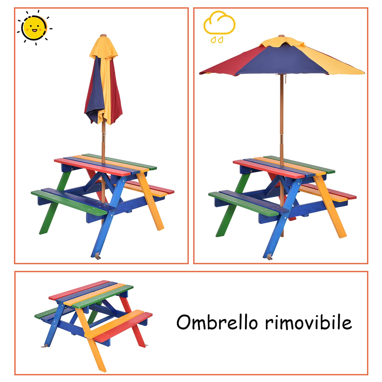 COSTWAY Set con Tavolo Picnic di Legno e Ombrellone per Bambini, Tavolo e Panchina con 4 Posti e Ombrellone Pieghevoli, Tavolino e Sedie Multiuso per Esterno Giardino Cortile