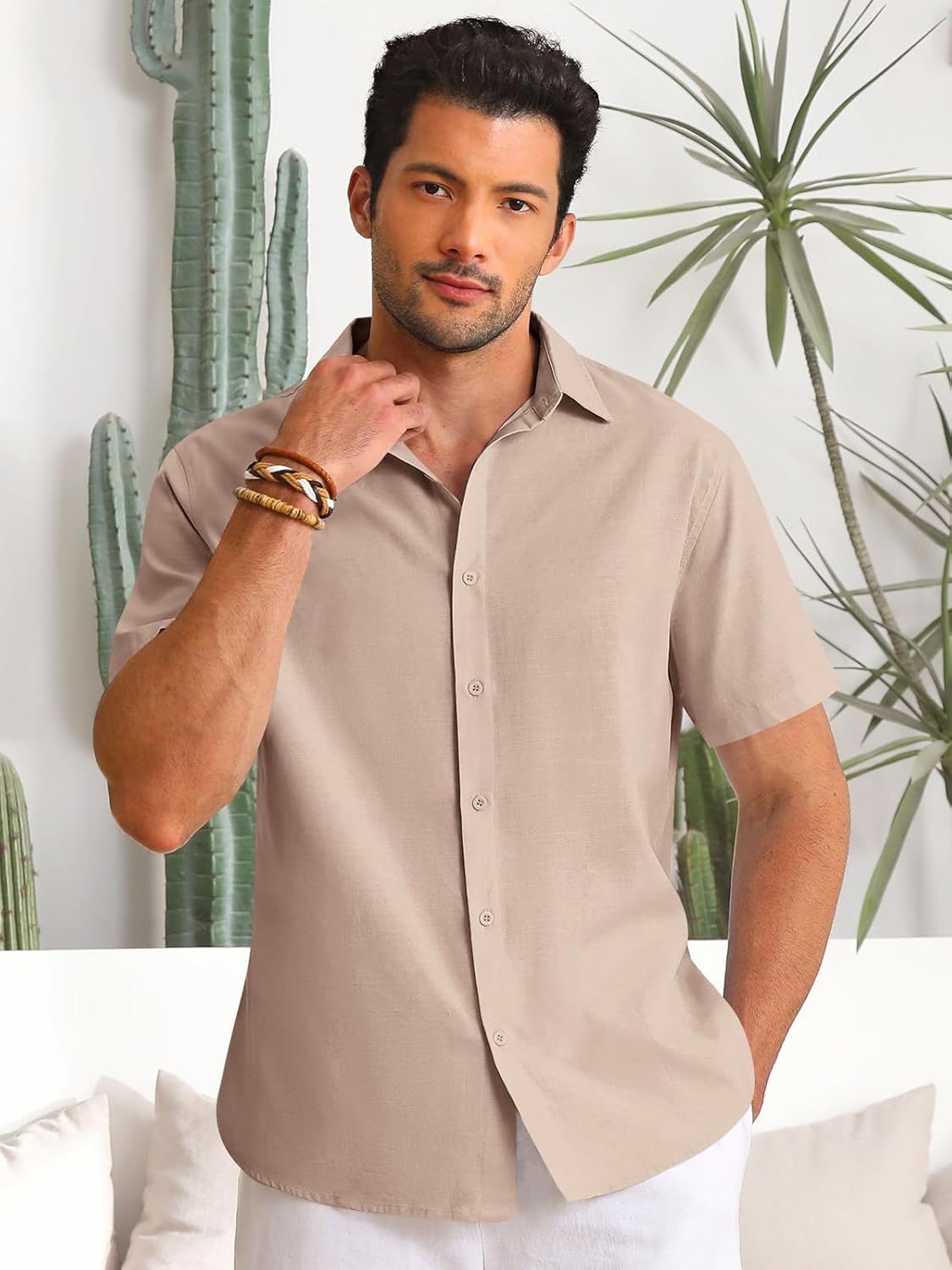 Runcati Mens Button Down Linen Shirts Short Sleeve Casual Collared Summer Beach Untucked Tops - Image 3