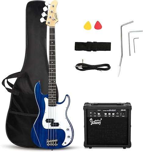 Miniatura 11 de GLARRY Kit para principiantes de bajo eléctrico de tamaño completo, 4 cuerdas, exquisito bajo de tilo con amplificador de 20 W, cable, correa, bolsa