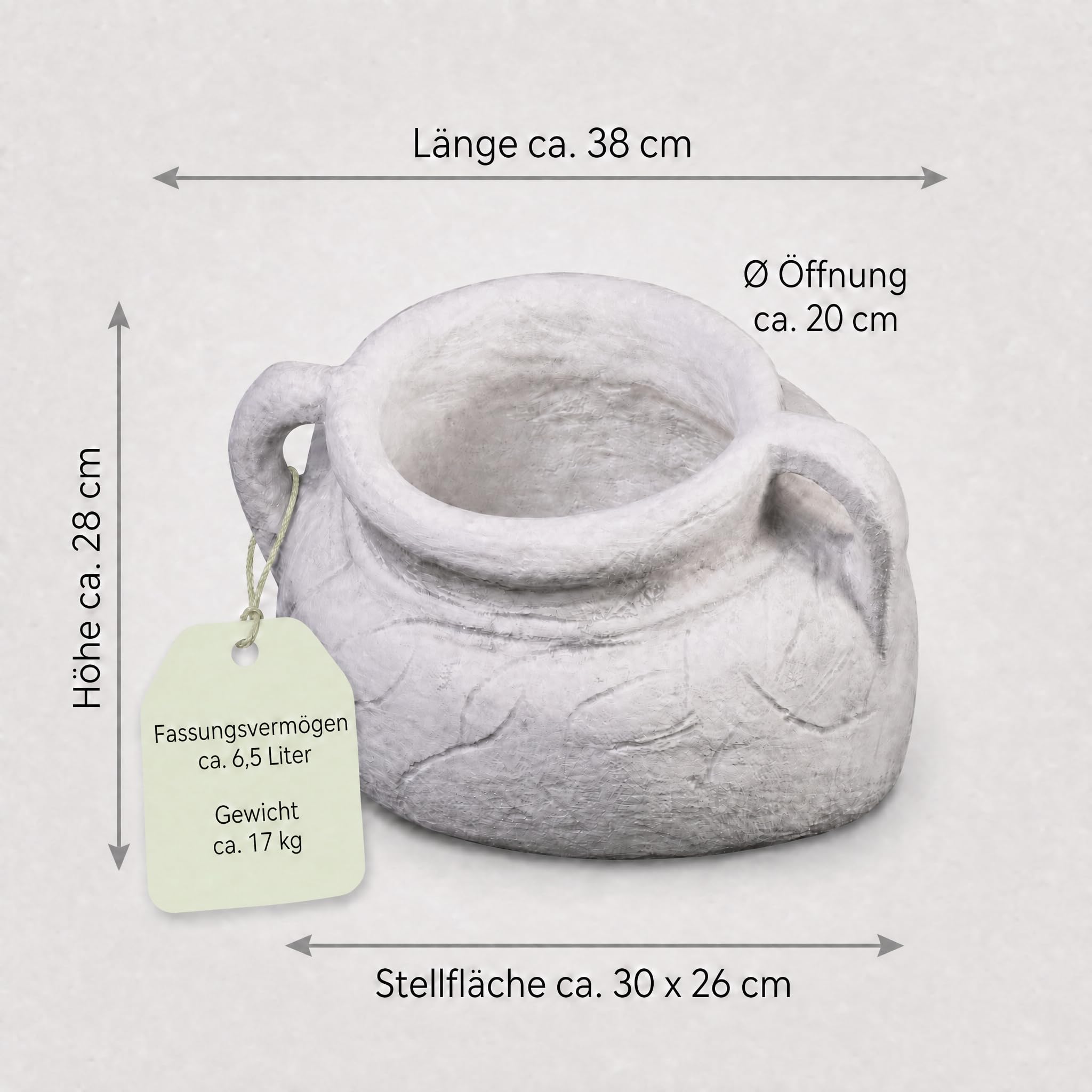 gartendekoparadies.de liegende Amphore, Blumentopf aus Steinguss, H 28 cm, Öffnung Ø 20 cm, Volumen ca. 6,5 l, 17 kg, frostbeständig bis -30 °C, Grau, Pflanzgefäß als Gartendeko