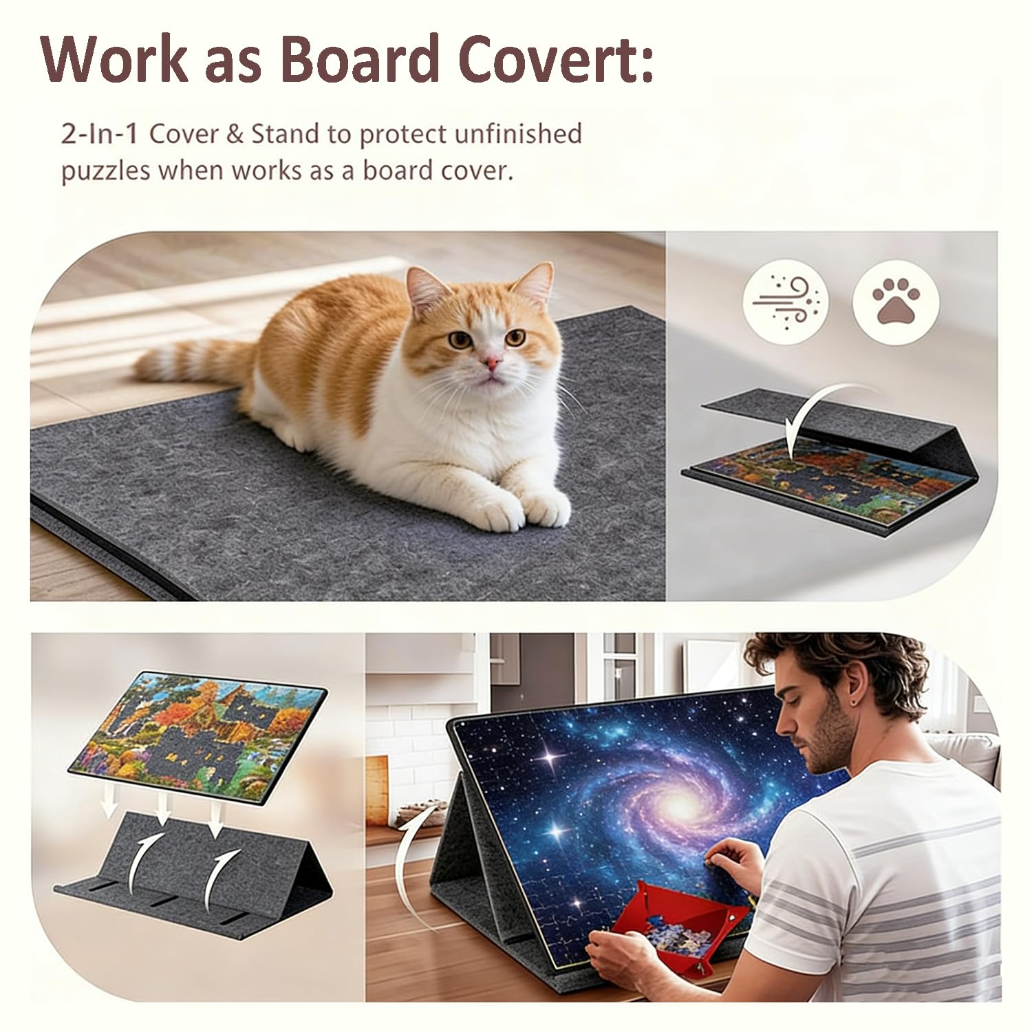 Taca na puzzle 1000 elementów ze stojakiem i pokrywką 2 w 1, taca na puzzle, przenośna mata do puzzli z 6 kolorowymi miseczkami do sortowania, przechowywanie puzzli, antypoślizgowy filc, regulowany