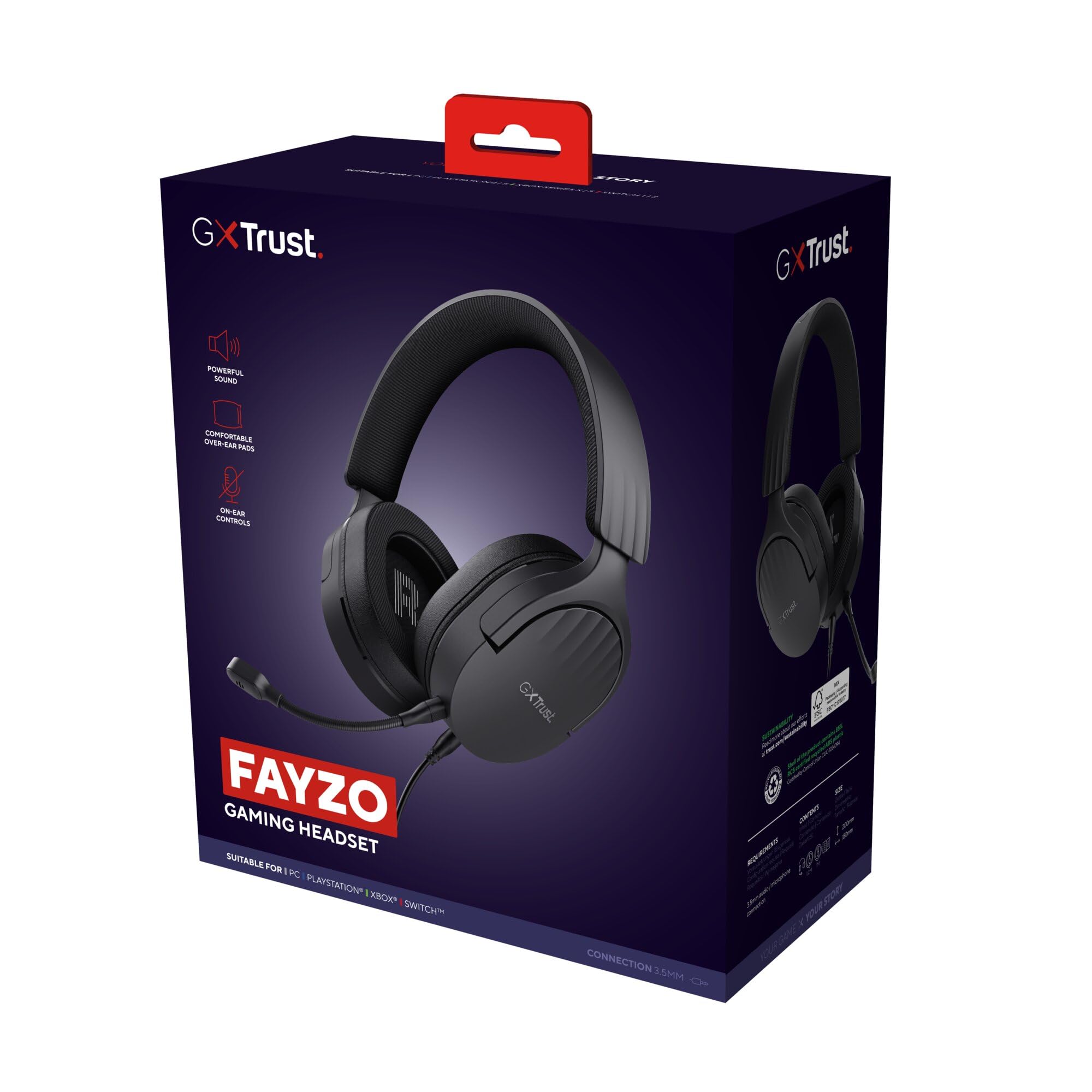 Trust Gaming GXT 489 Fayzo Cascos Gaming para PC, PS5, PS4, Xbox Series X|S, Switch, Mobile, 3.5 mm, 85% Plástico Reciclado, Auriculares Over-Ear Micrófono con Cancelación de Ruido - Negro