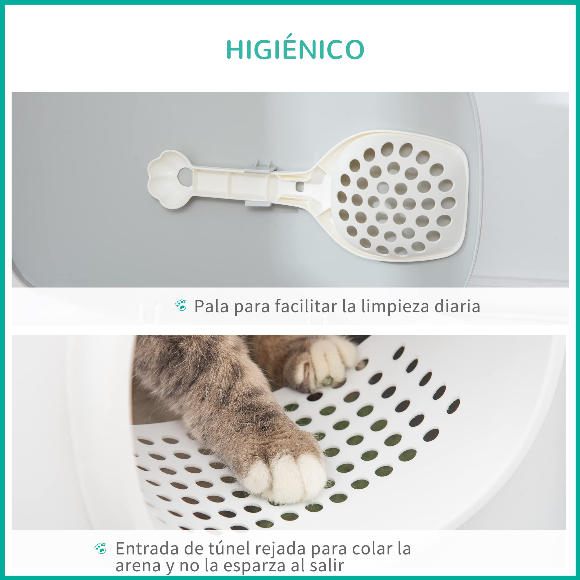 PawHut Caja de Arena para Gatos Arenero Cerrado para Gatos con Techo Abatible Orificio de Entrada Bandeja Extraíble y Pala Incluida 55x40x39 cm Blanco