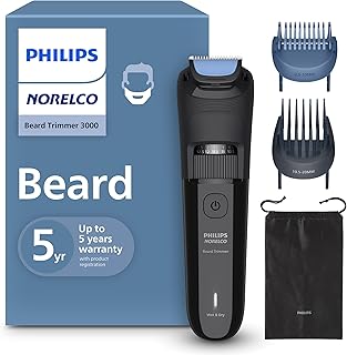 Norelco Philips 100% Waterproof Beard Trimmer 3000 Series with Self-Sharpening Blades, 40 Adjustable Beard Trimmer Length Settings & Two Lift&Trim Combs, USB Charging, BT3620/40