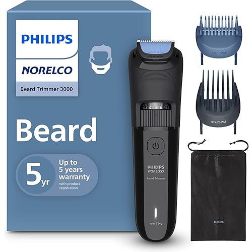 Norelco Philips 100% Waterproof Beard Trimmer 3000 Series with Self-Sharpening Blades, 40 Adjustable Beard Trimmer Length Settings & Two Lift&Trim Combs, USB Charging, BT3620/40