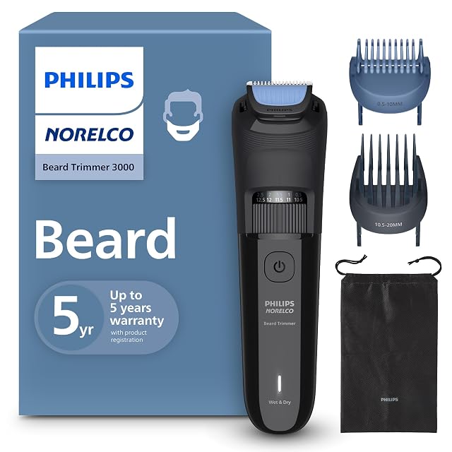 Norelco Philips 100 Waterproof Beard Trimmer 3000 Series with Self-Sharpening Blades 40 Adjustable Beard Trimmer Length Settings Two