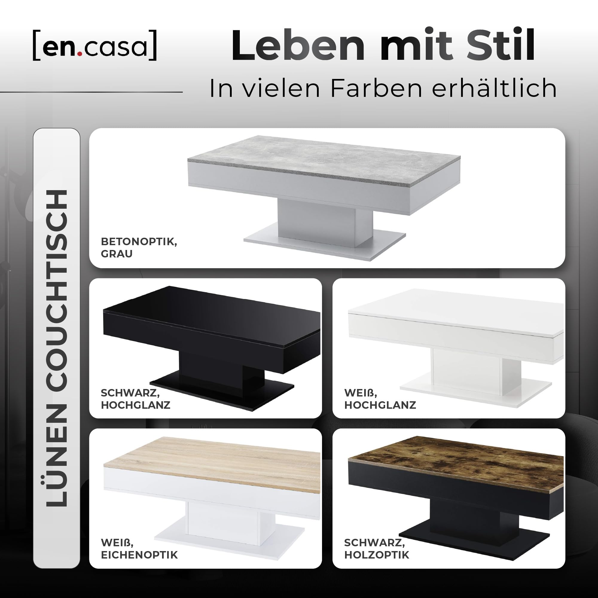 [en.casa] Couchtisch Lünen Wohnzimmertisch mit Stauraum Truhentisch Sofatisch mit ausziehbarer Tischplatte rechteckig 2 Staufächer 40 x 110 x 60 cm Schwarz Hochglanz