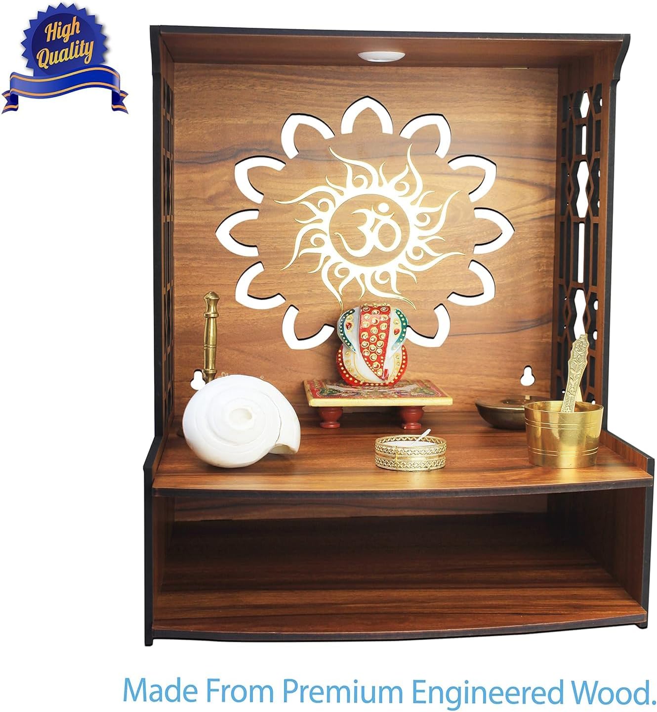 Wooden Pooja Stand for Home, Temple, Office, Wall Mounted Puja Mandir with LED Spot Light, Size (H- 15.5, L- 11.5, W-11 Inch)