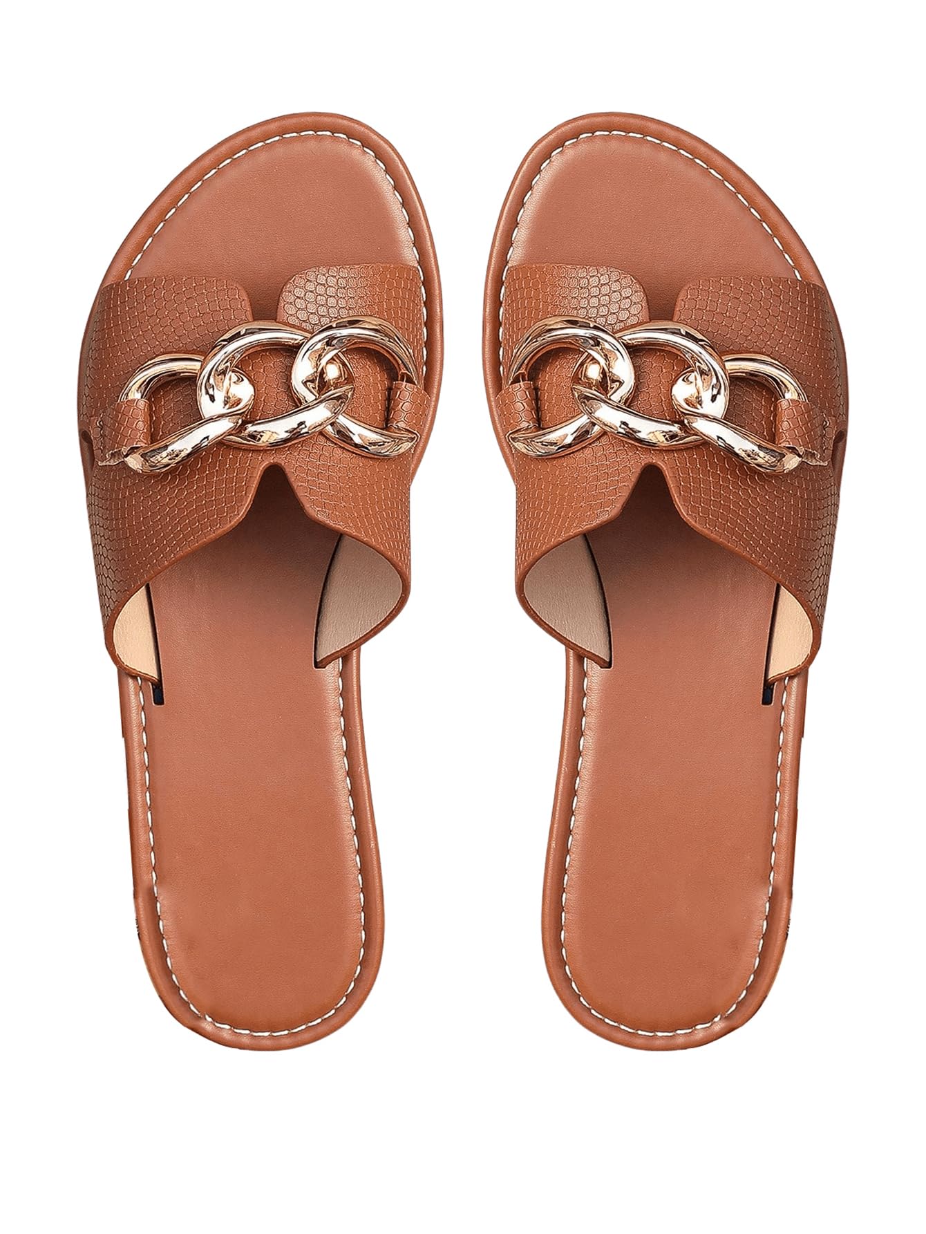 Verdusa Women's Open Toe Chain Flat Sandals Faux Leather Summer Slippers Slip on Slides
