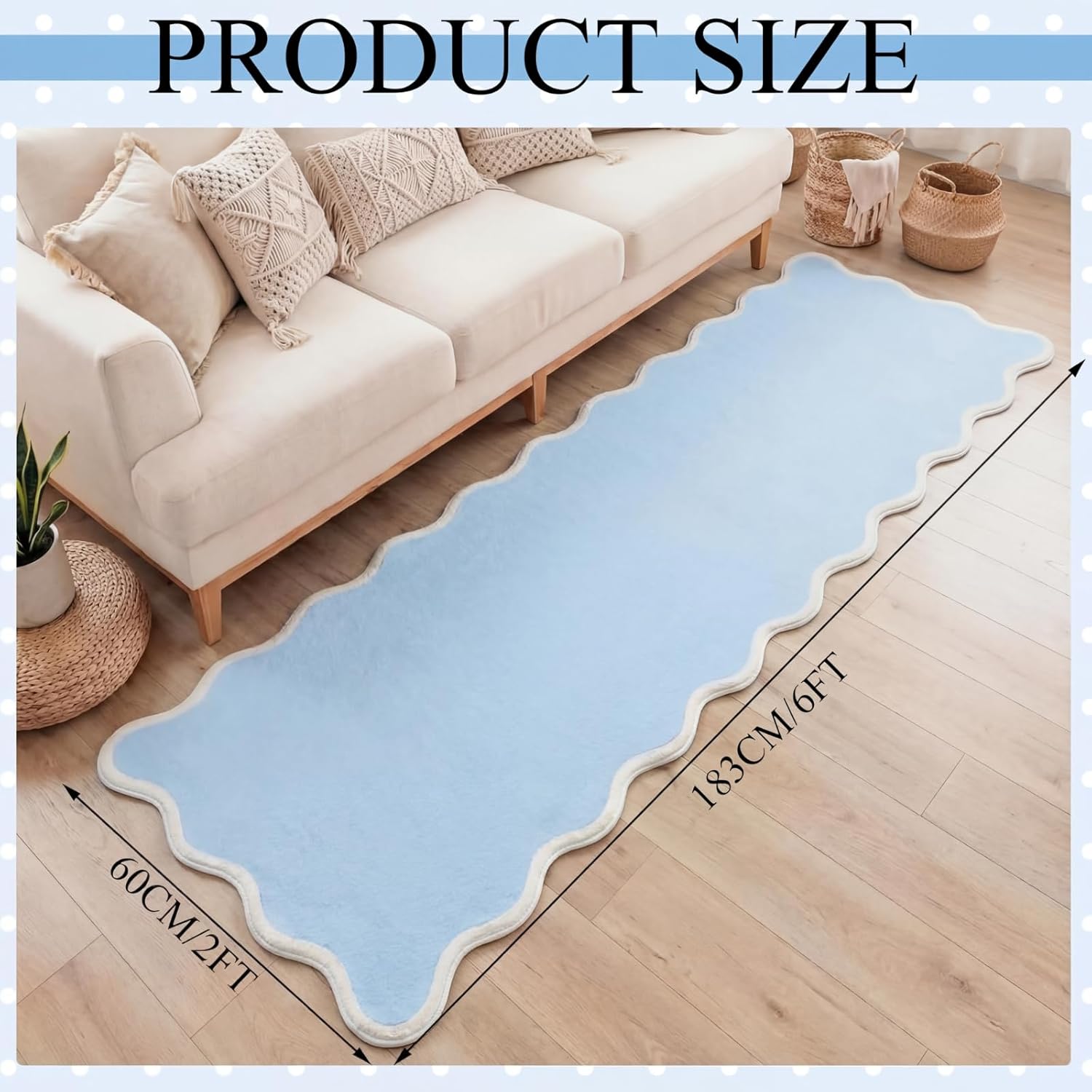 Drydiet Blue Scalloped Area Runner Rugs 2' x 6' Aesthetic Soft Bedroom Washable Carpet for Nursery Bedroom Decor Hallway Entryway Playroom