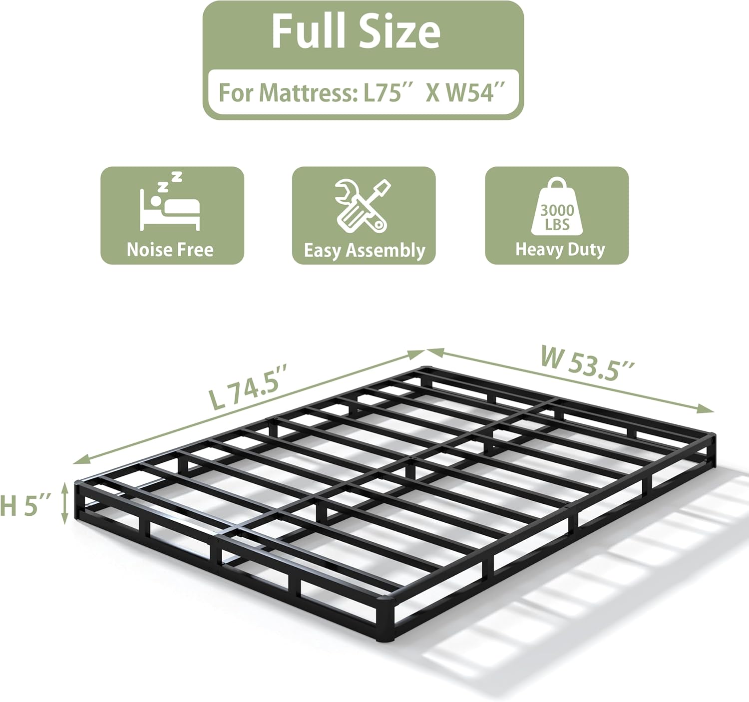 5 Inch Heavy Duty Metal Box Spring Full Size, Low Profile Full Mattress Foundation Bed Base, 3000 lbs Weight Capacity, Easy Assembly, Easy Clean Fabric Cover, Black