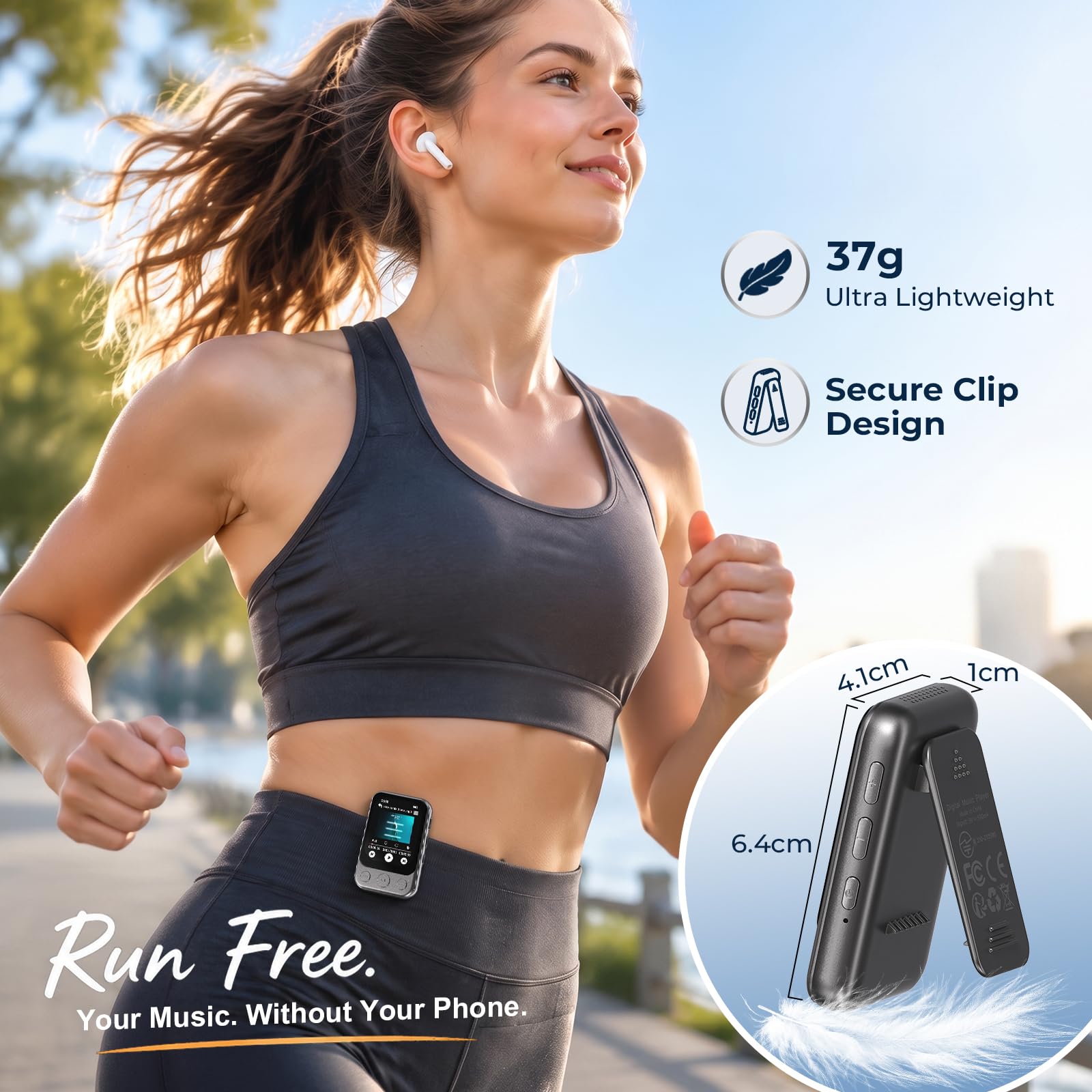 64GB Lettore MP3 Bluetooth 5.3 con Clip e Altoparlante, Lettore Musicale Sportivo con Touchscreen e Tasti, Controllo Volume Indipendente, Radio FM, Registrazione Vocale, Espandibile fino a 128GB | Musica senza smartphone, leggero da 37 g, facile da usare,