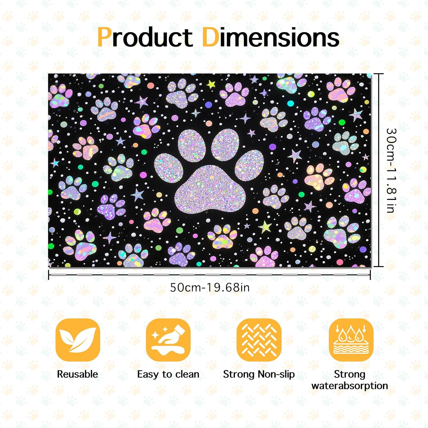 HOMETITUTE Pet Feeding Mats Cat Mat for Food and Water 20" x 12" Glitter Paw Print Cat Bowl Placemat Non-Slip Indoor Feeding Station Cute Pet Meal Mat for Small Pets Kitchen Floor Use