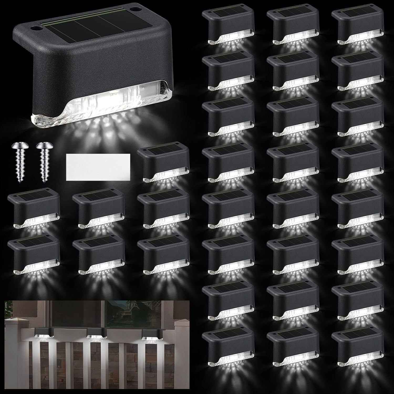Geelin 32 Pcs Solar Deck Lights Outdoor, Waterproof LED Solar Step Fence Lights for Stairs, Step, Railing, Patio, Driveway, Garden, Pathway and Yard(Black Shell Cool White Light)