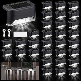 Geelin 32 Pcs Solar Deck Step Lights Outdoor, Black Shell Cool White Light | Waterproof Solar Lights for Deck Railing, Fence, Stair, Patio, Pathway, Yard, Easy Installation with Screws or Adhesive