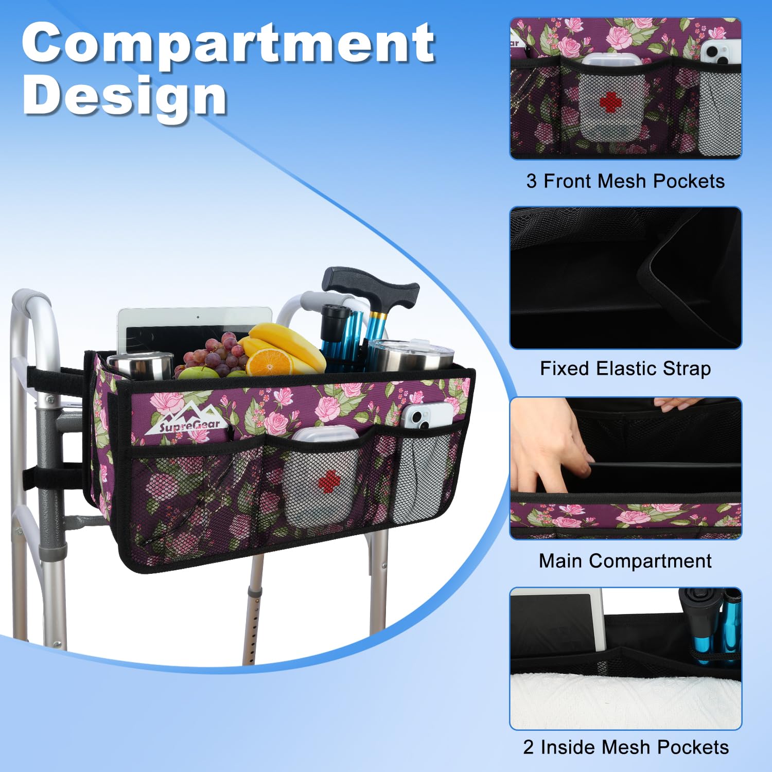 supregear Cesta plegable para andador con portavasos, gran capacidad, manos libres, no compatible con rollator, Floral Púrpura