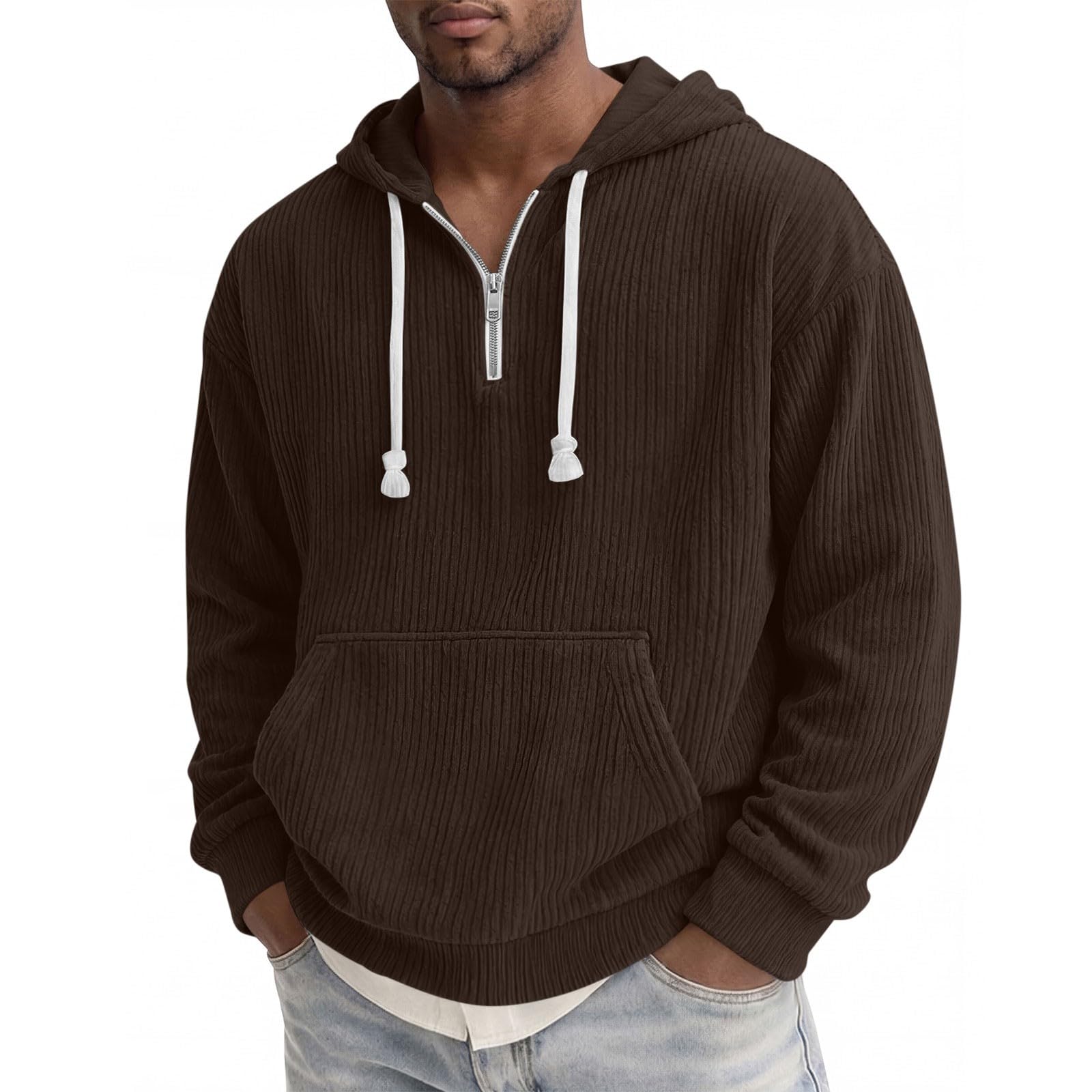 Sweat à Capuche Homme, Poche Kangourou, Velours Côtelé, Manches Longues