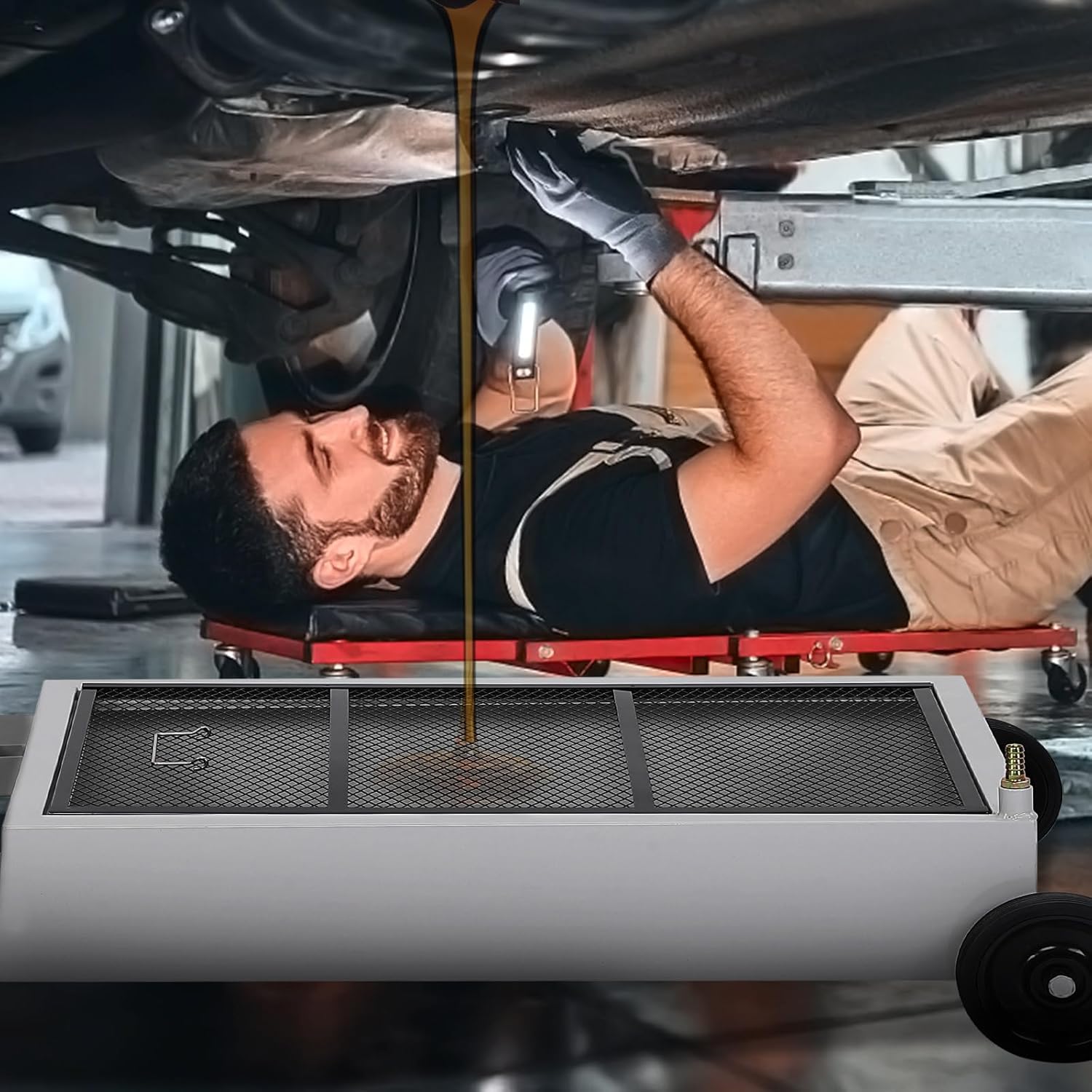 15 Gallon Low Profile Oil Drain Pan with 180W Electric Pump, Wheels & Folding Handle - Efficient Oil Change Pan for Easy Oil Changes - Durable Oil Pans for Changing Oil on Cars, SUVs, Trucks, RVs