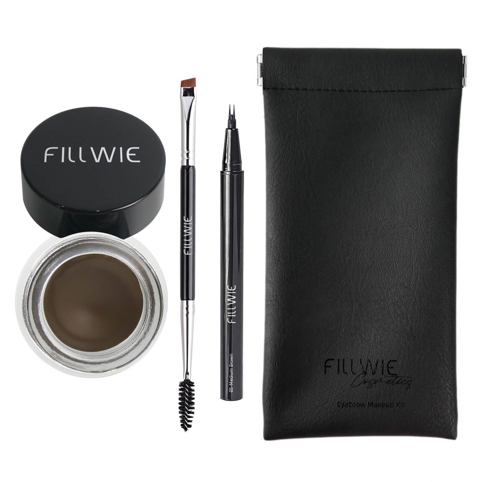 Eyebrow Pomade Kit, Microblading 2 Tip Liquid Eyebrow Pen, Eye brow Kit with Angled Spoolie Brush and PU Pouch for Travel (Medium Brown)