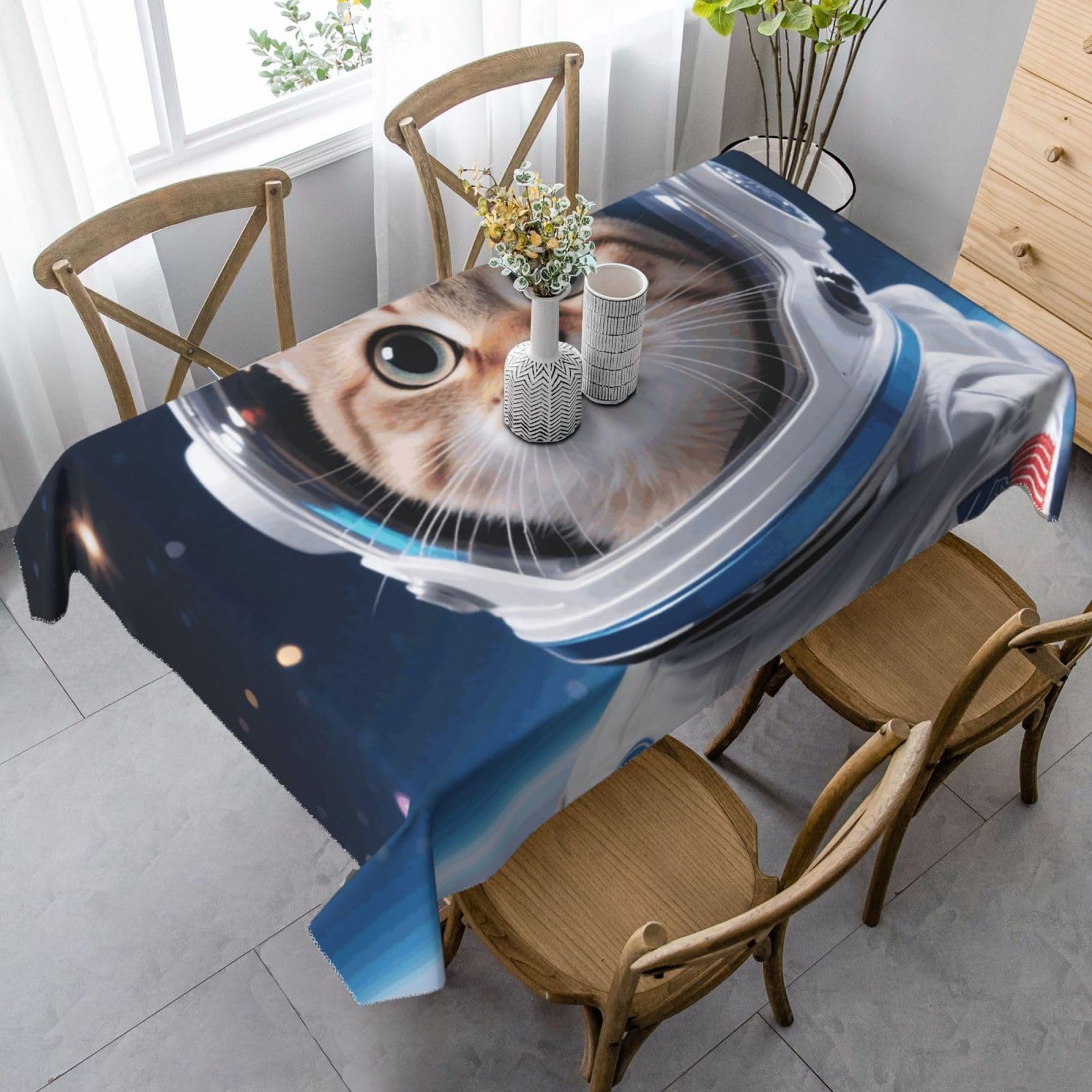 Cat Astronaut Rectangle Tablecloth 35x55 Inch, Washable Reusable Farmhouse Table Cloths Wrinkle Free And Spillproof Kitchen Dinning Table Cover For Party Wedding Picnic Home Decor Tablecloths
