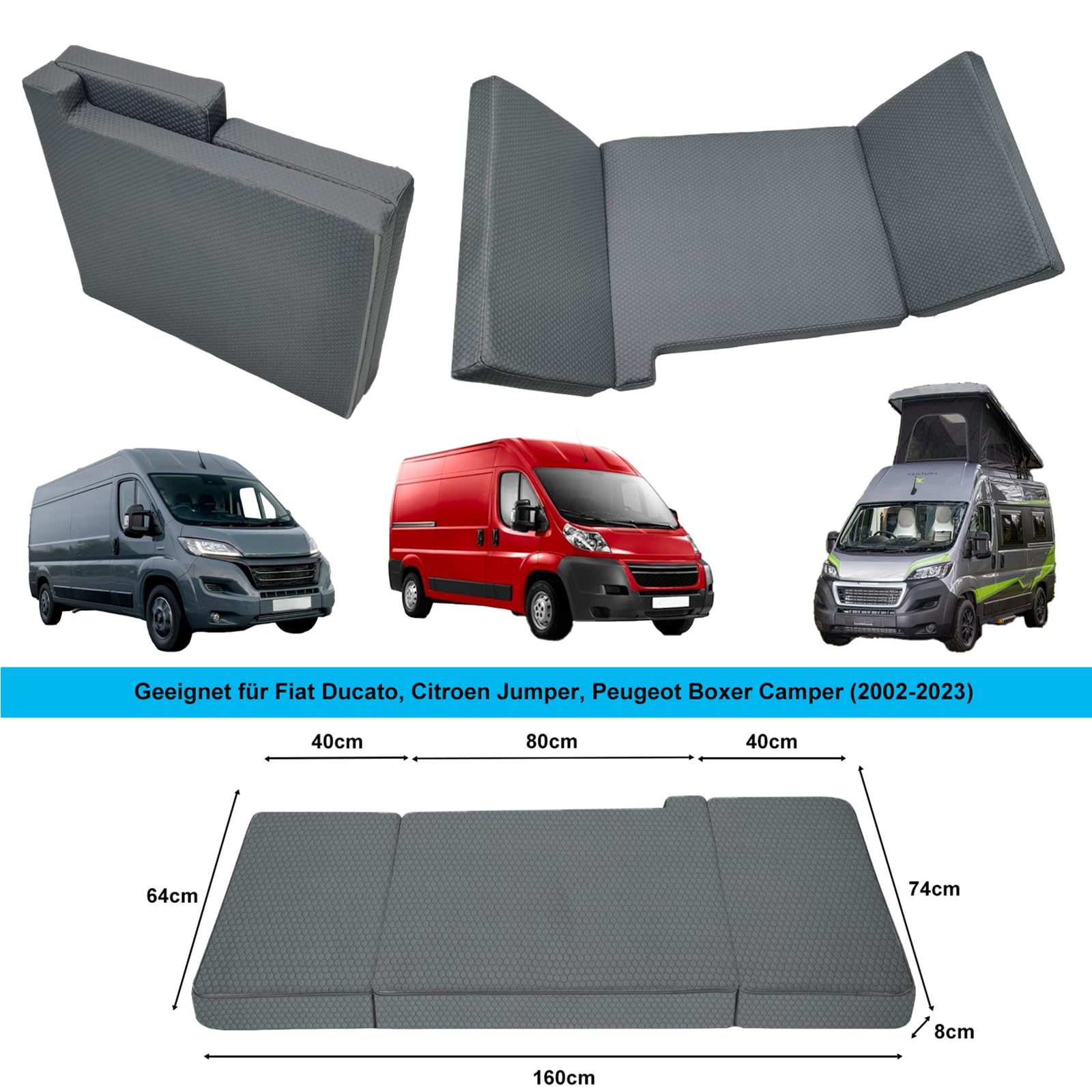Dicke Kühlfühltechnologie Eisig&atmungsaktive Faltbare Fahrzeugmatratze kompatibel mit FIAT Ducato Citroen Jumper Peugeot Boxer Typ250 Camper(2002–2026)tragbare Klappmatratze Wohnmobil Camping Zubehör