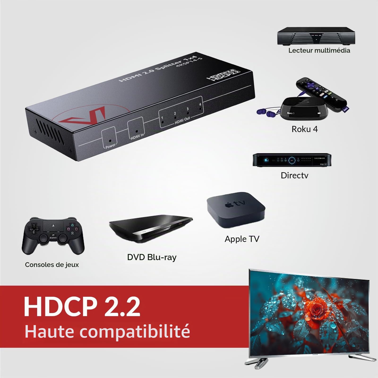 AV Access 1 entrée 4 Sorties UHD 4K@60Hz 1080p@120Hz Répartiteur HDMI 2.0 avec réduction d'échelle Automatique, répartiteur HDMI 4K avec HDR10 et 3D, Audio HD sans Perte, HDCP 2.2, EDID Automatique