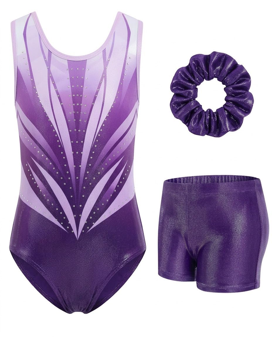 JiAmy Turnanzug Mädchen Ärmellos, Kinder Glitzer Gymnastik Turnanzug Leotard mit Shorts und Haarband, Gymnastikanzug Turnbody Ballett Tanzender Ballettanzug für 3-12 Jahre