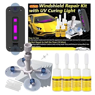 CLAMPER Windshield Repair Kit, Windshield Crack Repair Kit 4 Pcs, Windscreen Repair Kit with Enhanced Injection Head Suction Cup UV Curing Light, Windshield Chip Repair Kit for Bulls-Eye (Yellow) - Amazon product rated Grade A