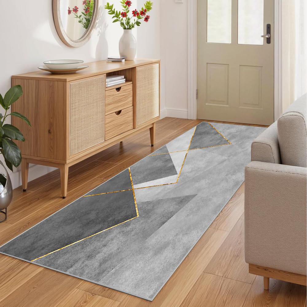 Tappeto Passatoia per Casa, Antiscivolo e Lavabile, per Cucina Corridoio Ingresso,Grigio-Oro Geometrico Moderno，70 x 280 cm