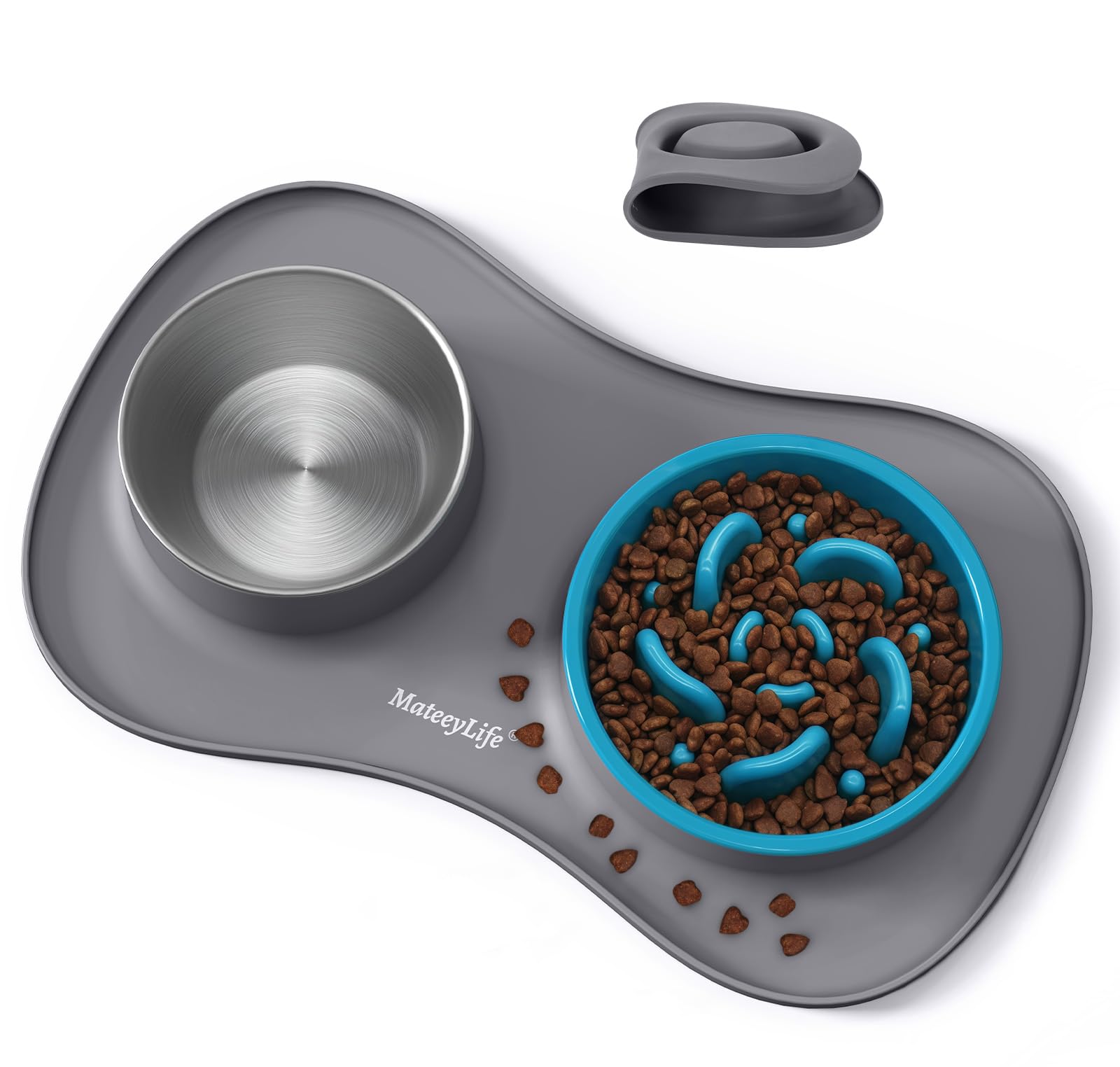 MateeyLife Ciotola Anti Ingozzamento e Ciotola per Cani 3 in 1, Set per Cani e Gatti in Acciaio Inossidabile con Tappetino in Silicone, Ciotola Lenta per Razze Piccole, Medie e Grandi