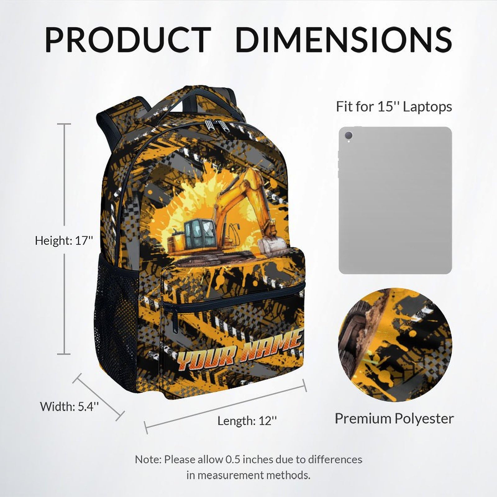 Mercuryelf School Backpack for Boys - Custom Cool Excavator Backpacks for Kids - 17 Inch Bookbag for School, Travel