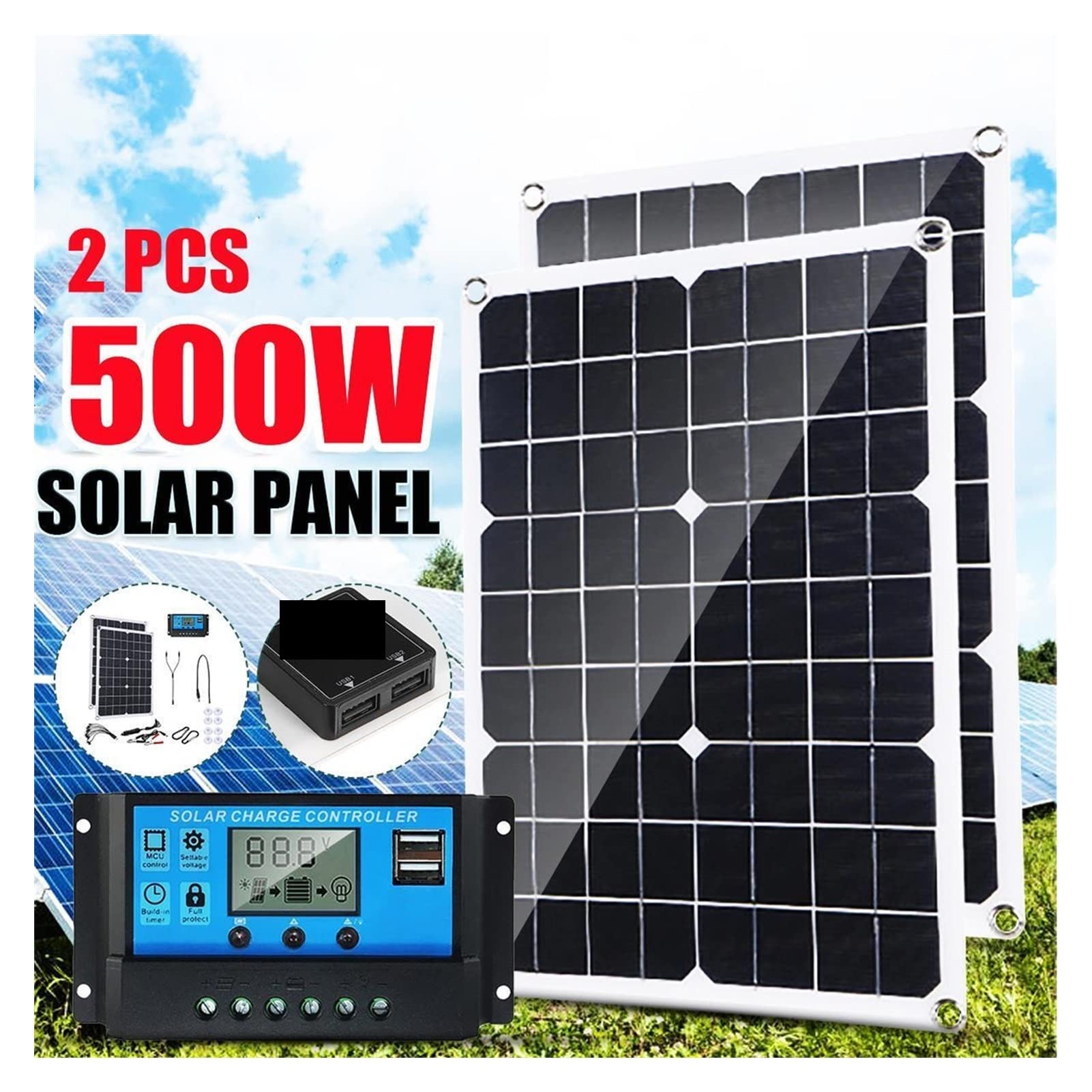 Panel Solar, 500W Panel solar de 18 V Celular Solar 100A Controlador Panel solar for teléfono RV Suministro de batería al aire libre cargador de automóviles(Solar panel)